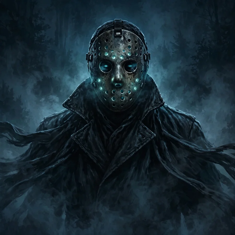 Jason Voorhees action pfp: original masked figure stalking through fog with coat flowing