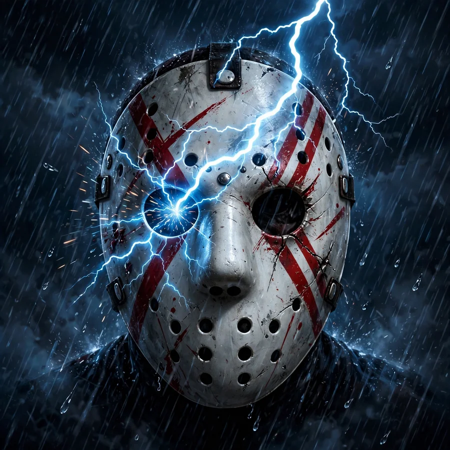 Action Jason pfp: original hockey mask caught in a lightning strike with rain