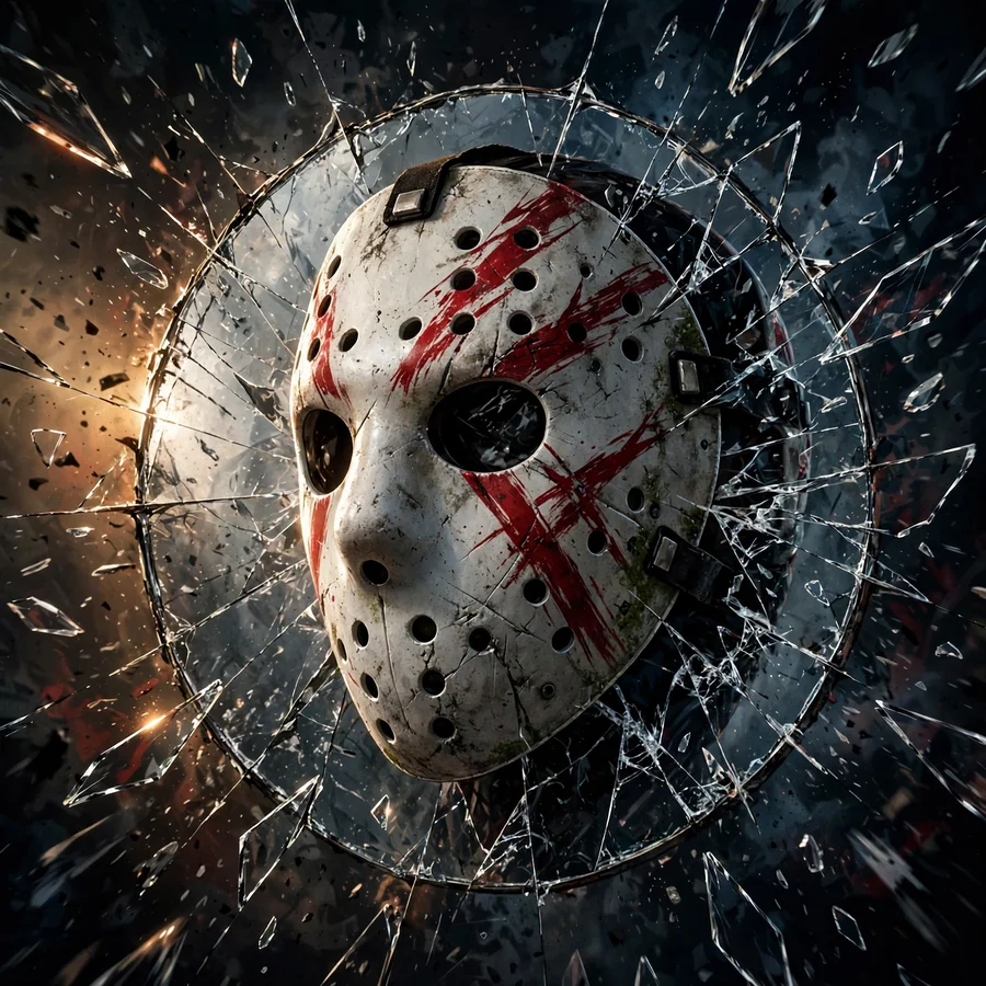 Jason Voorhees pfp: original hockey mask reflected in a shattered mirror with flying shards