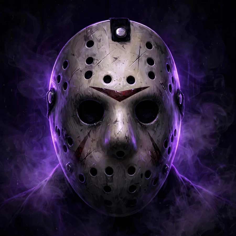 Jason Voorhees aesthetic pfp: original dark moody mask portrait with purple neon glow