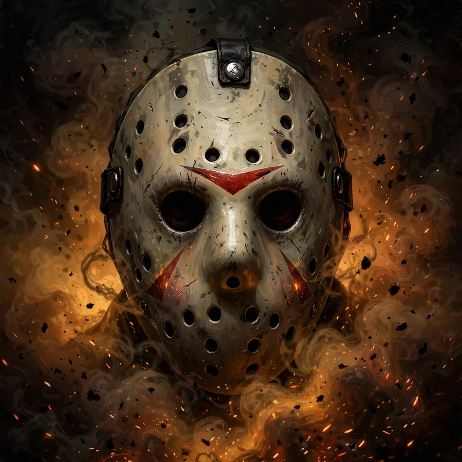 Jason Voorhees pfp aesthetic: original cinematic horror mask in warm amber darkness