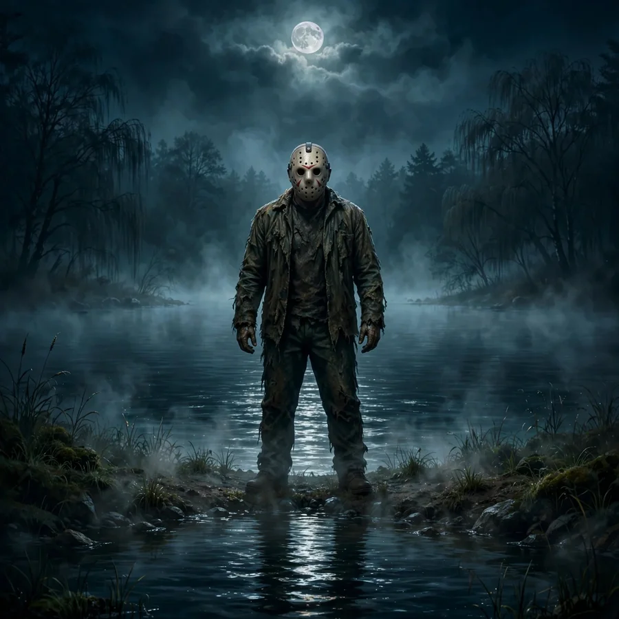 Jason Voorhees Camp Crystal Lake pfp: original slasher by a foggy lake at midnight