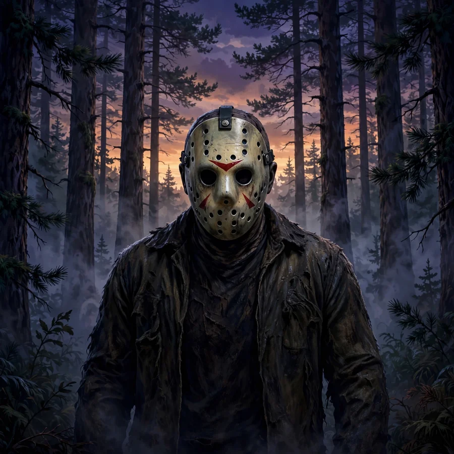 Camp Crystal Lake pfp: original Jason Voorhees figure among tall pines at dusk