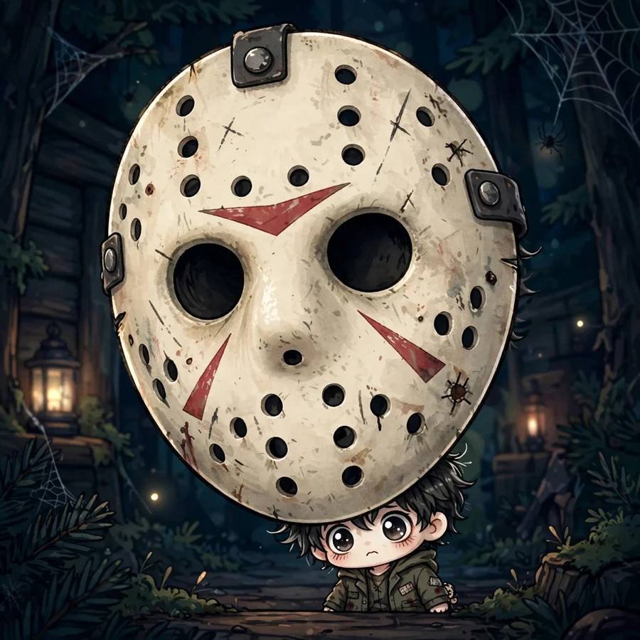 Chibi Jason pfp: original tiny horror character peeking from behind the mask
