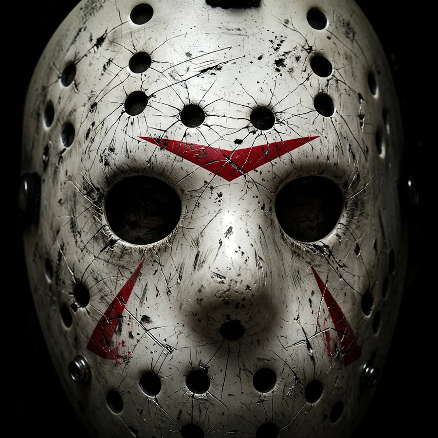 Jason Voorhees mask close-up pfp: original cracked hockey mask with red markings