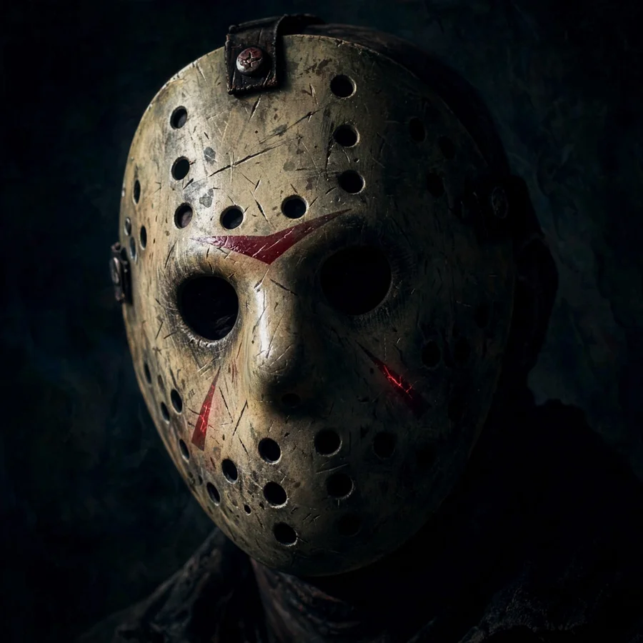 Mask close-up Jason pfp: original weathered hockey mask with dramatic chiaroscuro light