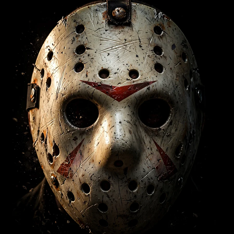 Jason Voorhees pfp: original extreme close-up of the iconic hockey mask with scratches