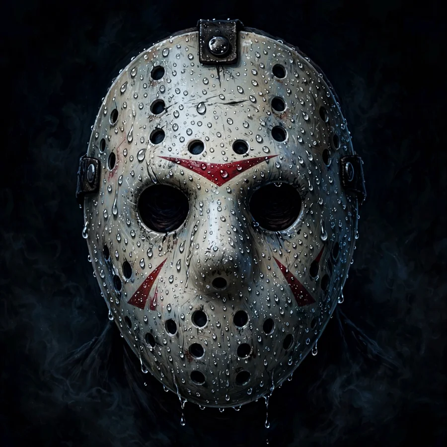 Hockey mask close-up pfp: original horror mask portrait with water droplets and shadow