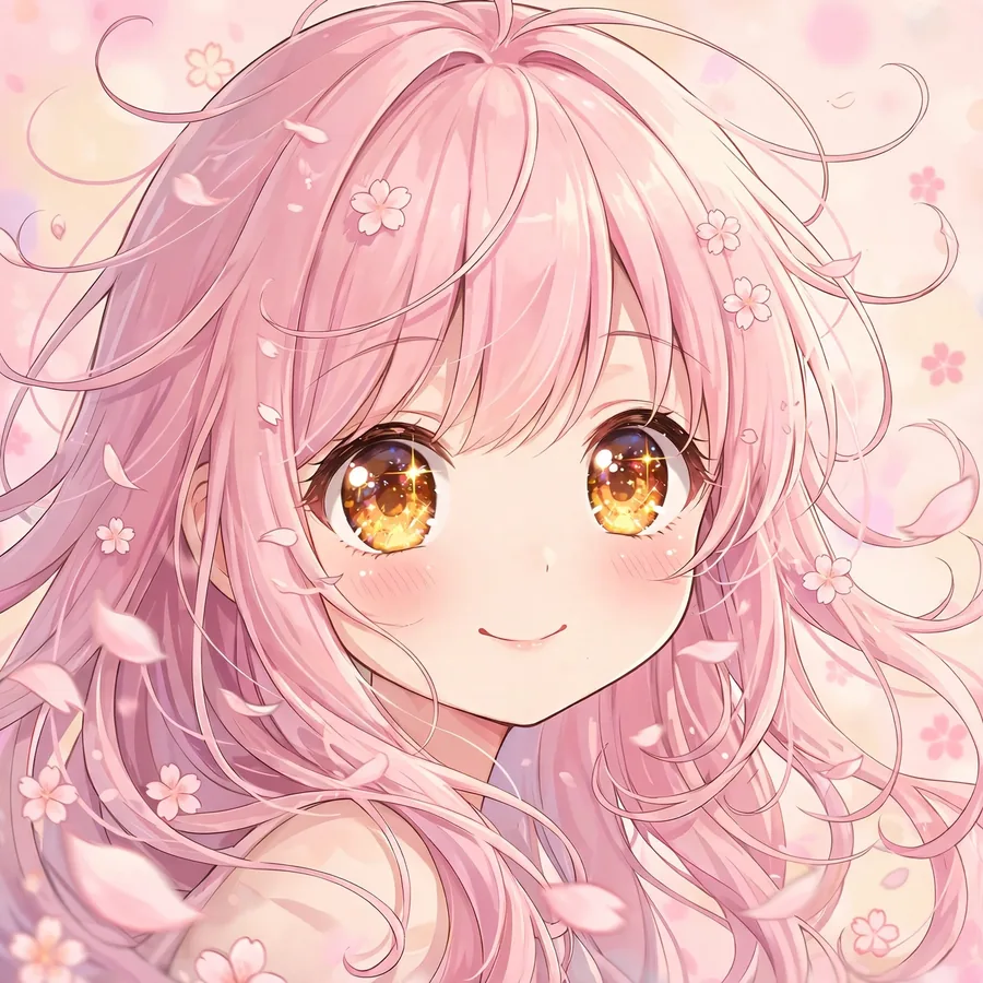 Kawaii anime girl pfp with pastel pink hair, sparkling amber eyes and cherry blossom petals