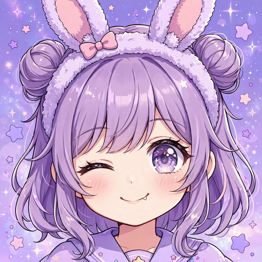 Kawaii anime girl pfp with lavender twin buns, bunny-ear headband and playful wink
