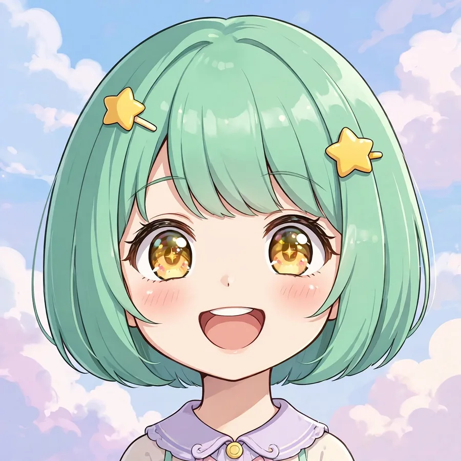 Kawaii anime girl pfp with mint-green bob, star hair clips and joyful smile