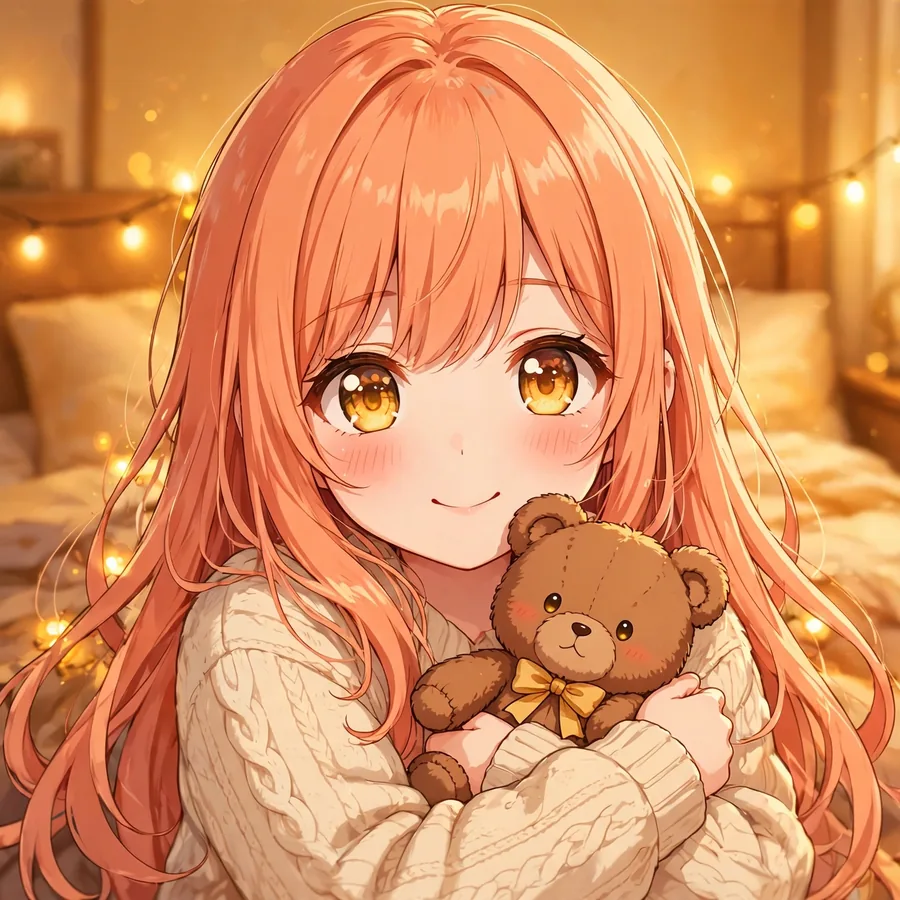 Kawaii anime girl pfp with peach-orange hair hugging a teddy bear in warm golden glow