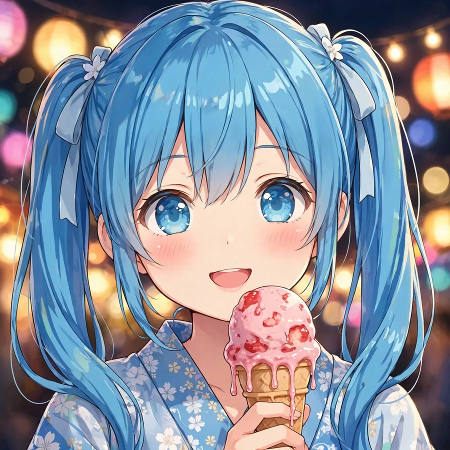 Kawaii anime girl pfp with sky-blue twin-tails holding strawberry ice cream at summer festival