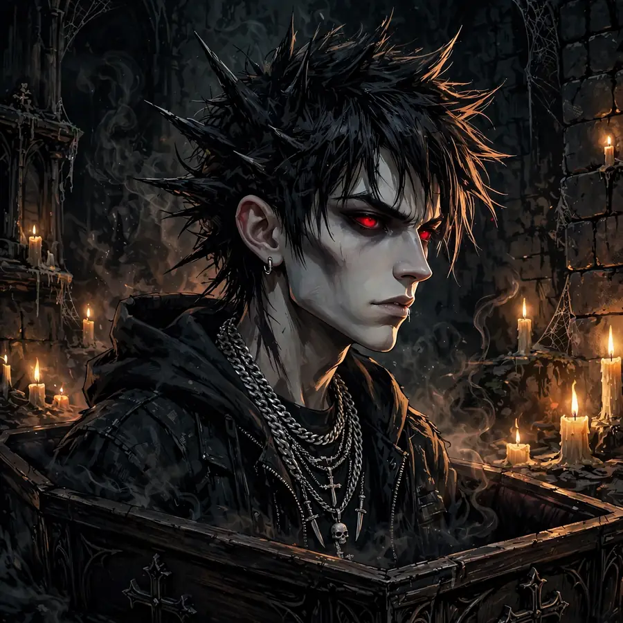Ken Carson vamp pfp: original crypt close-up with red eyes