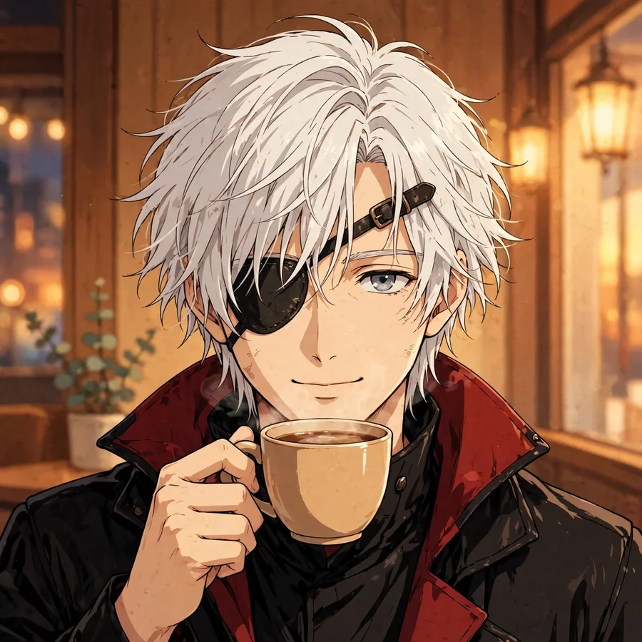 Kaneki pfp: original peaceful anime scene drinking coffee in warm tones