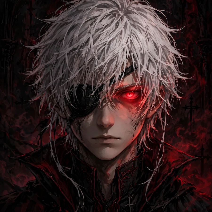 Dark kaneki pfp: original white-haired anime boy with eyepatch, face half in shadow with glowing red eye