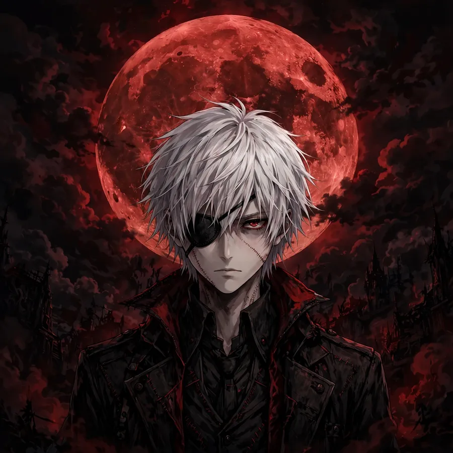 Ken kaneki pfp: original dark anime portrait under crimson moon with black clouds