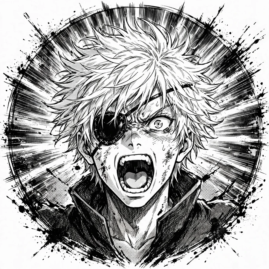 Ken kaneki pfp manga: original manga-style portrait with speed lines and dramatic shading
