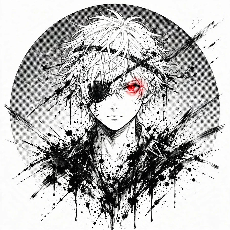 Ken kaneki manga pfp: original ink-splash silhouette with single red eye accent