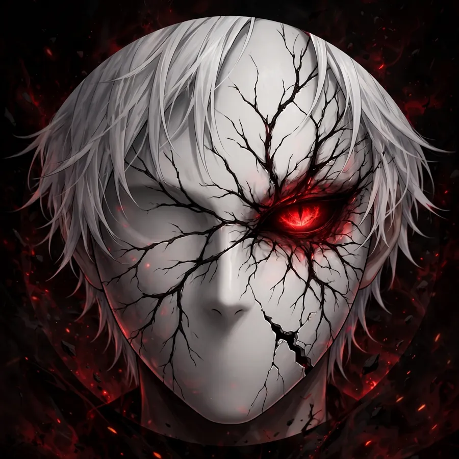 Kaneki pfp: original cracked porcelain mask with red eye glowing through