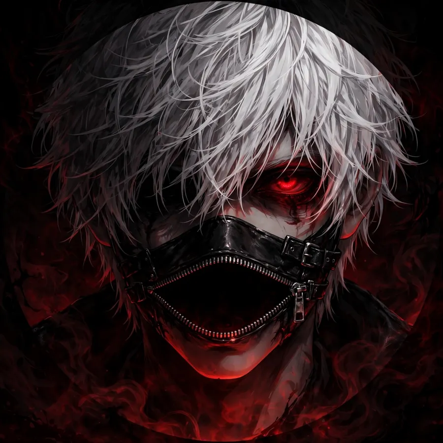 Dark kaneki pfp: original zippered mask close-up under red light