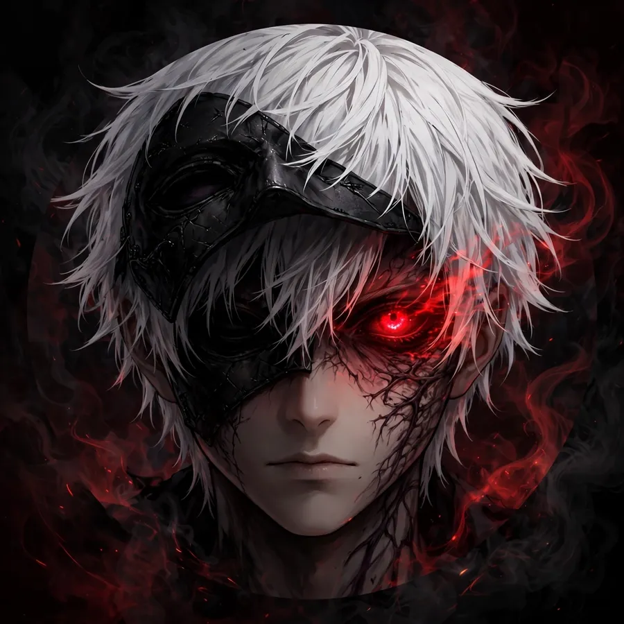 Kaneki pfp: original half-mask reveal portrait with dramatic red glow