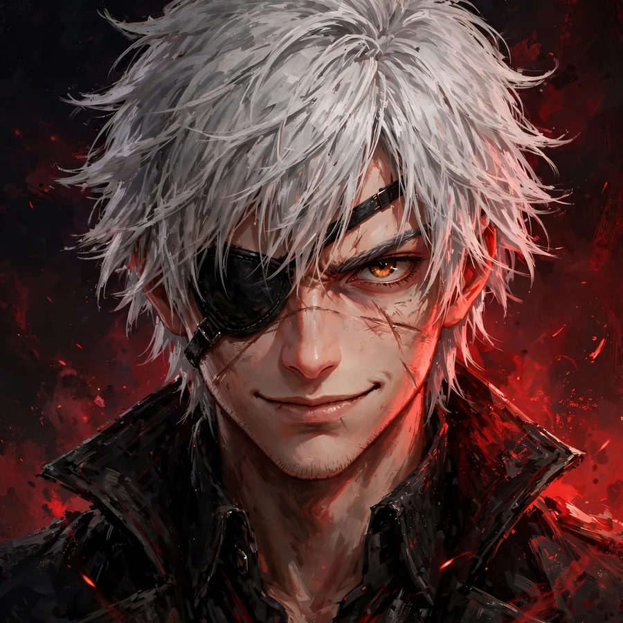 Ken kaneki pfp: original dramatic red-lit close-up portrait with eyepatch
