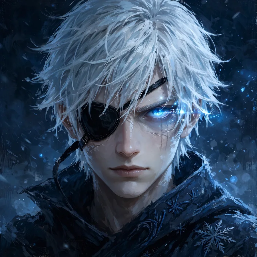 Kaneki ken pfp: original cold blue night portrait with glowing red eye
