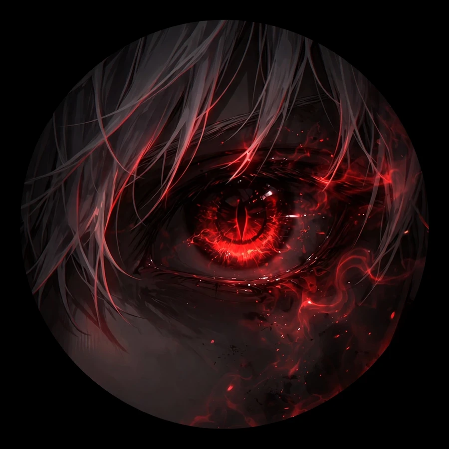 Kaneki pfp: original glowing red ghoul eye extreme close-up in darkness