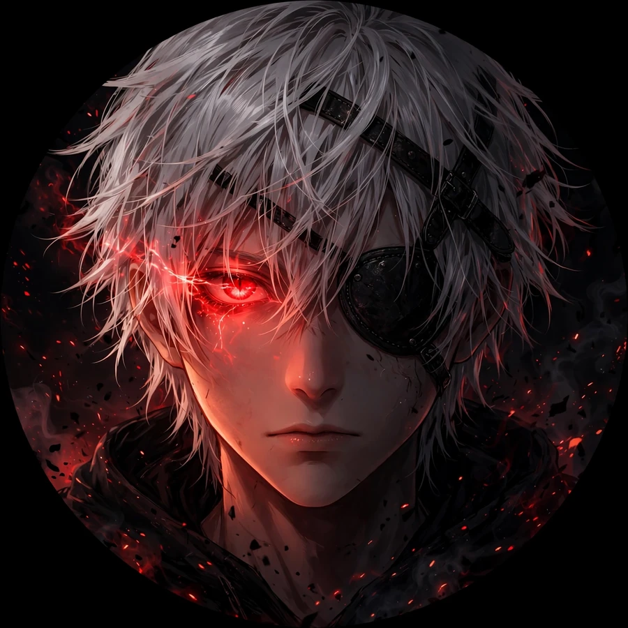 Dark kaneki pfp: original face half-shadow with one blazing red eye