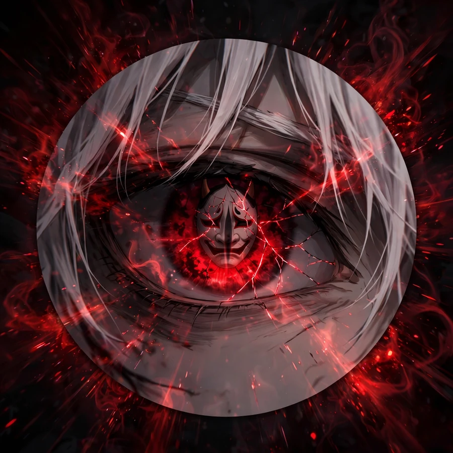 Kaneki pfp: original red eye with cracked mask reflection close-up