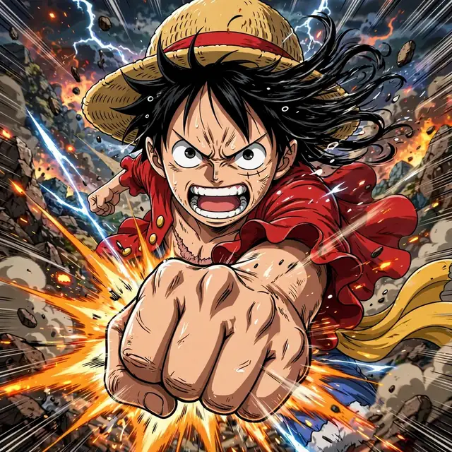 Luffy pfp cool: original captain mid-battle, fist forward with motion lines
