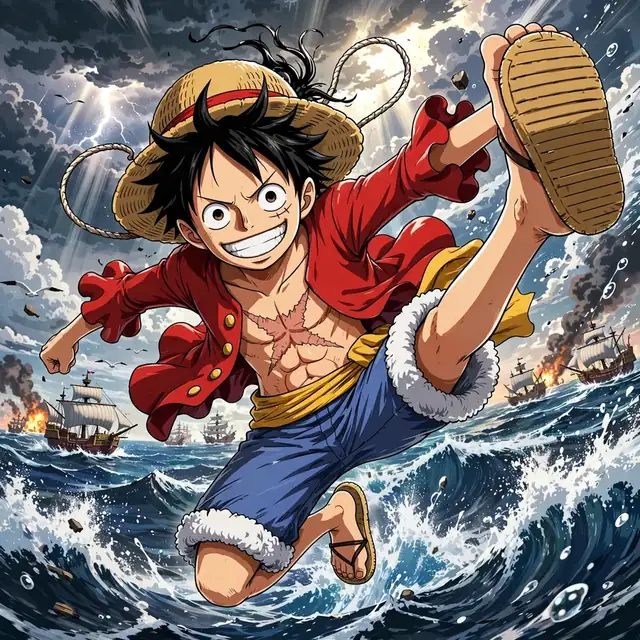 Good luffy pfp: original jumping captain with straw hat, epic ocean battle