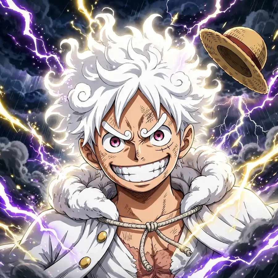 Luffy cool pfp: original Gear 5 captain with lightning, powerful aura