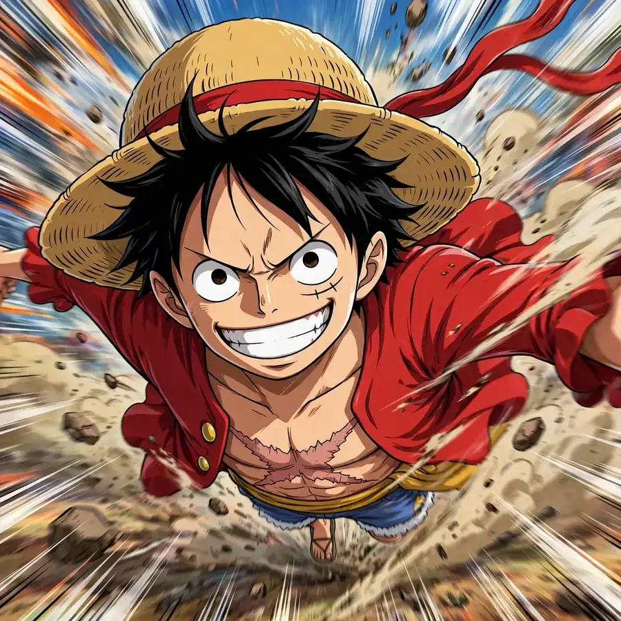 Cool luffy profile picture: original running captain, determined grin, speed effect