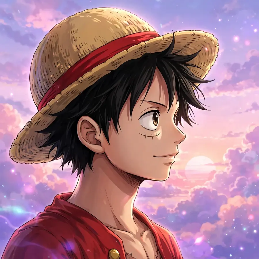 Aesthetic luffy pfp: original straw-hat captain in a pastel sunset with dreamy clouds