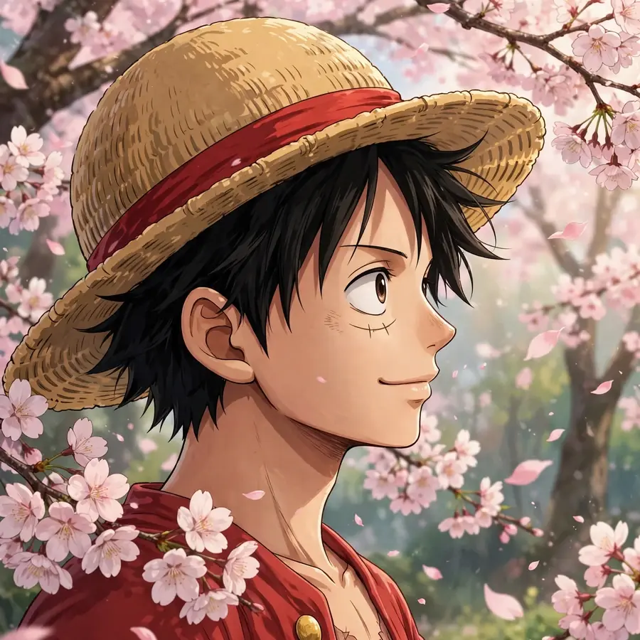 Aesthetic luffy pfp 4k style: original captain under cherry blossoms in soft light
