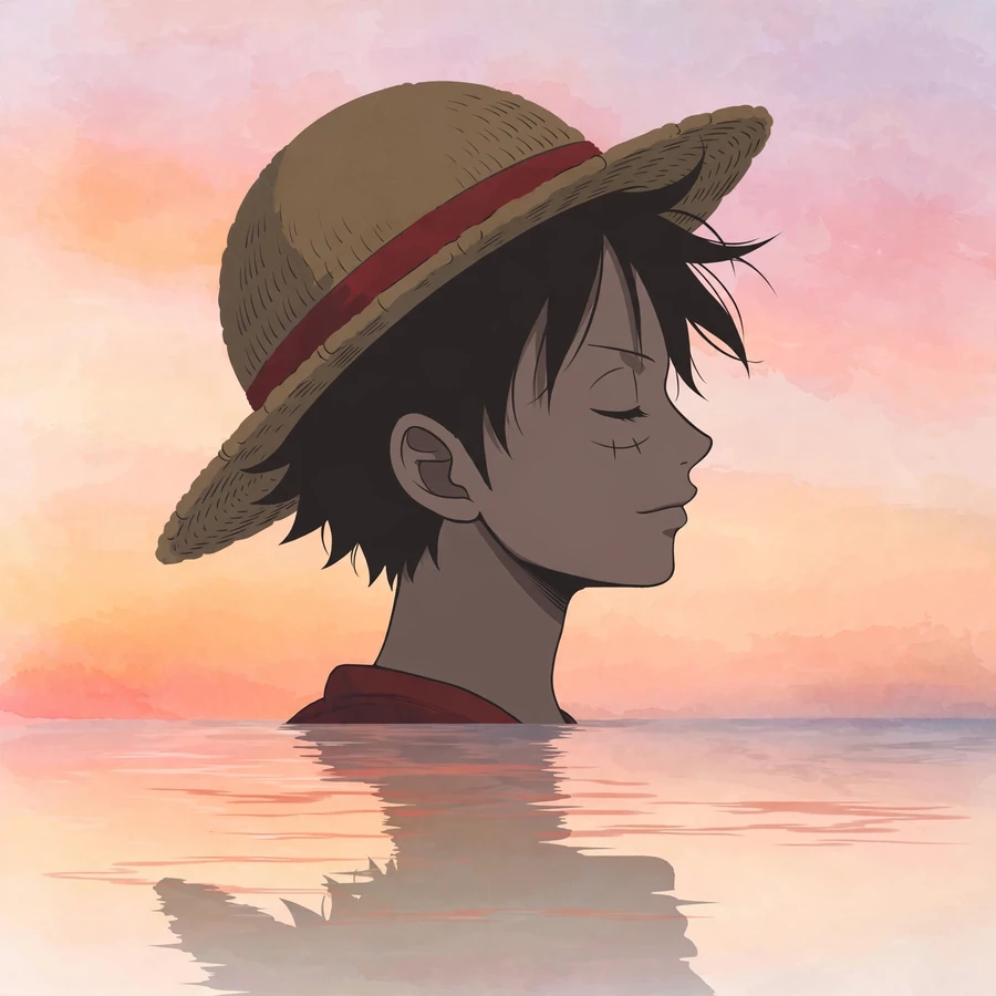 Luffy pfp aesthetic: original silhouette at a beach sunset, minimalist tones
