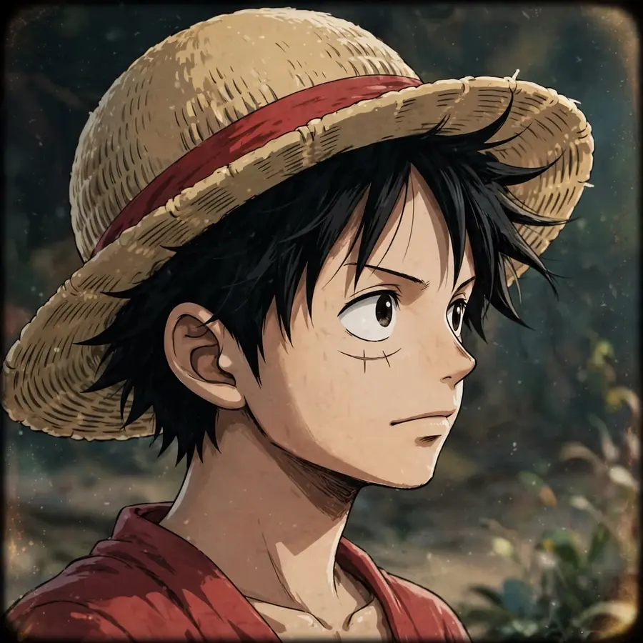 Aesthetic luffy pfp: original captain in lo-fi grain style, nostalgic muted tones