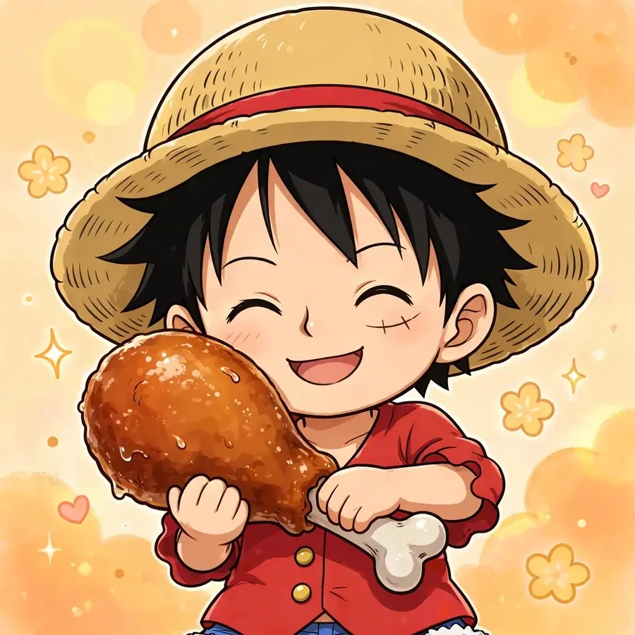 Chibi luffy pfp: original tiny captain hugging a giant meat drumstick