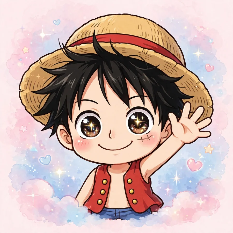 Cute luffy pfp: original chibi captain waving with straw hat, pastel background
