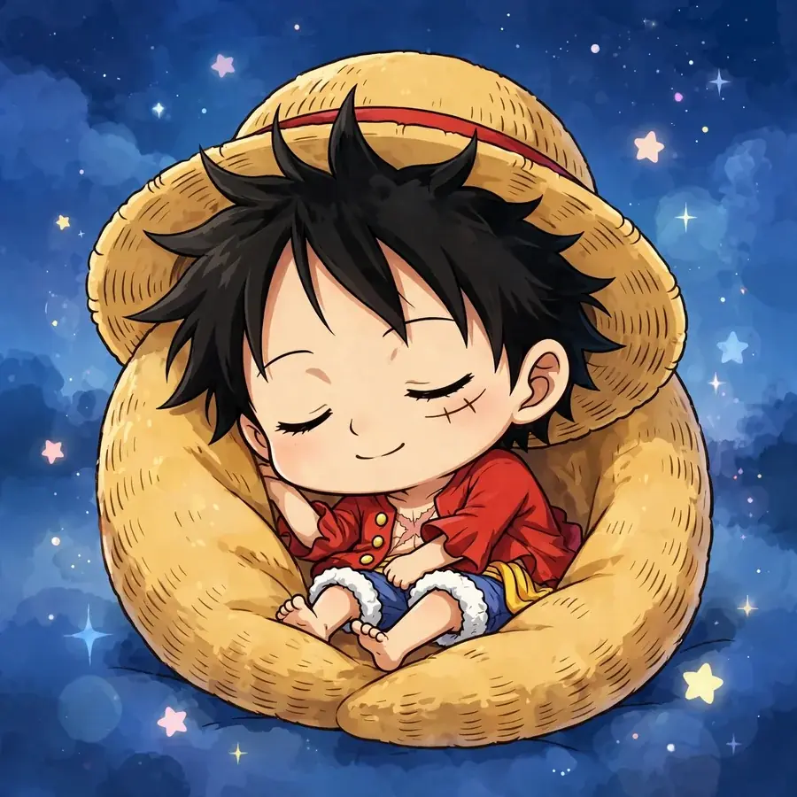 Luffy pfp cute: original chibi captain sleeping with straw hat as a blanket