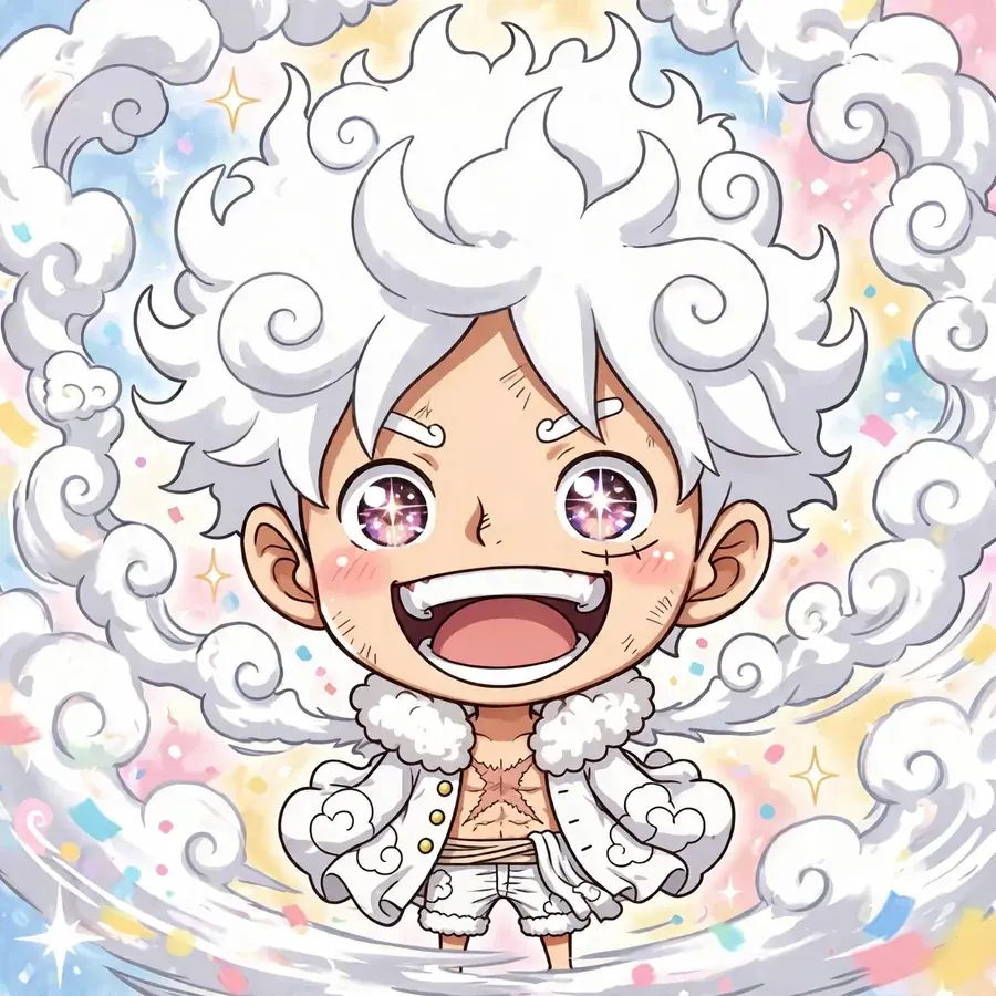 Chibi luffy pfp: original tiny Gear 5 captain with white fluffy hair laughing