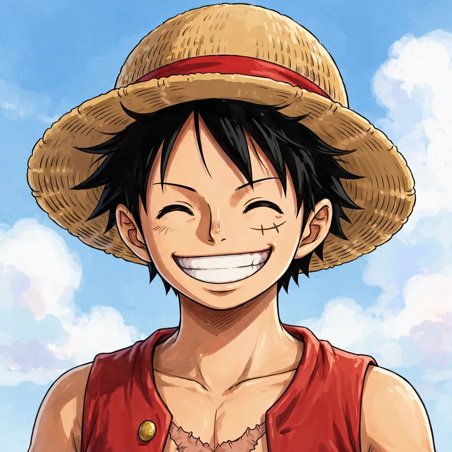 Luffy pfp: original straw-hat pirate captain smiling under a bright blue sky