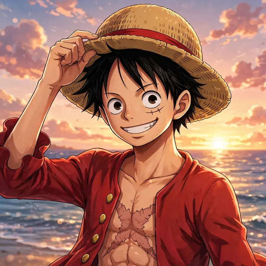 Luffy pfps: original captain tipping his straw hat at a sunset ocean