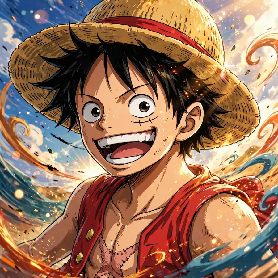 High quality luffy pfp: original close-up grin with straw hat, vibrant colors