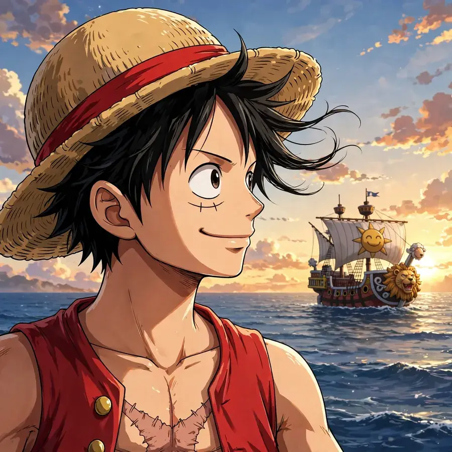 Luffy pfp: original captain gazing at the horizon with ship silhouette