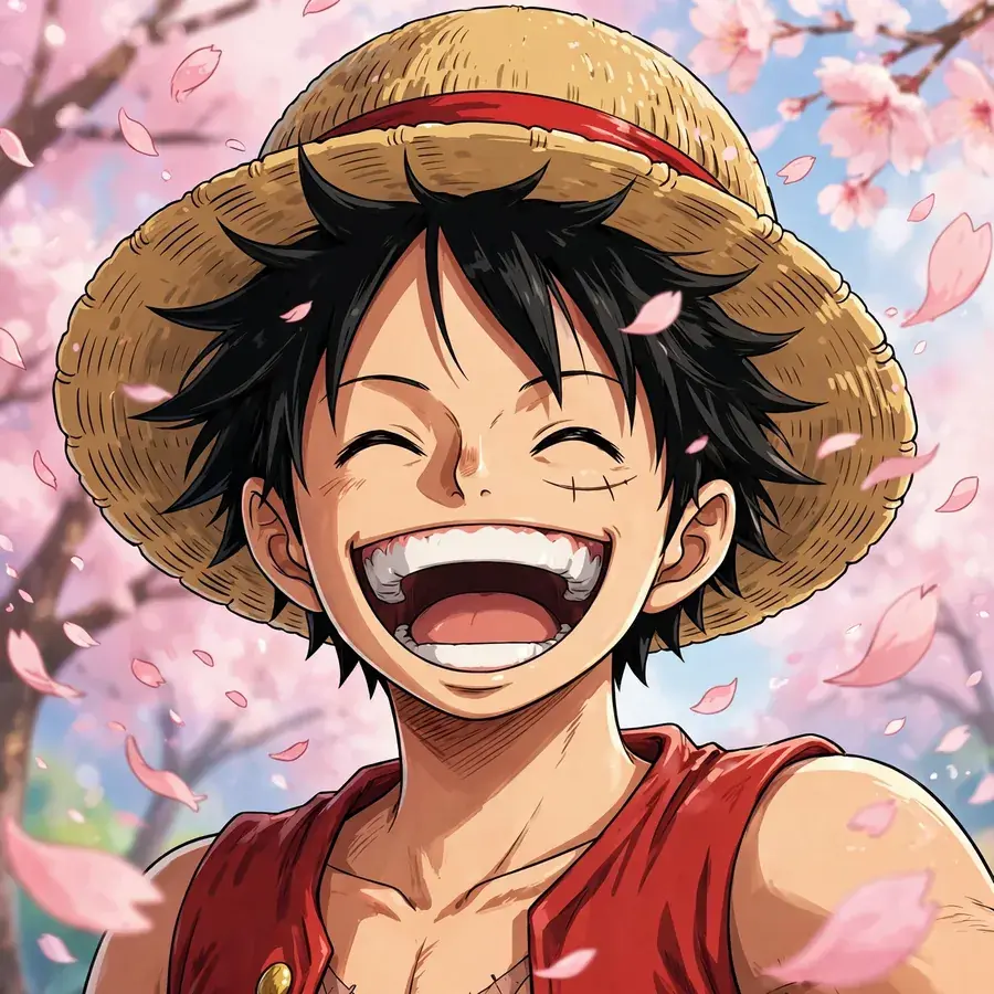 Cool luffy pfp: original laughing captain with straw hat among cherry blossoms