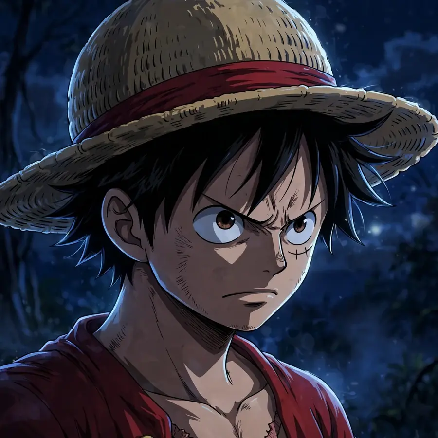 Dark luffy pfp: original straw-hat captain in moonlight with serious expression
