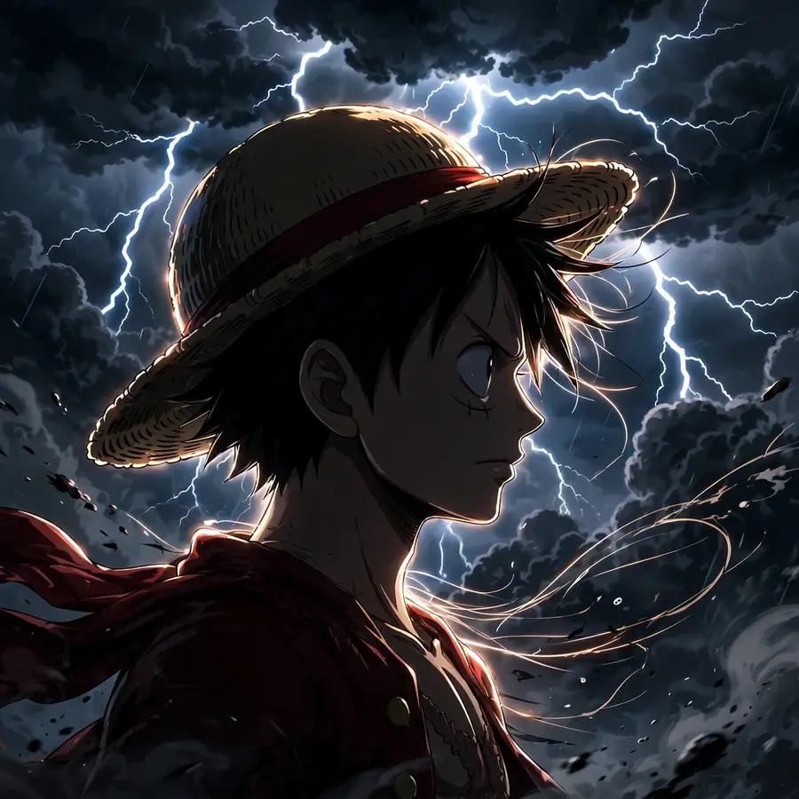 Luffy pfp dark: original captain silhouette against a stormy dark sky